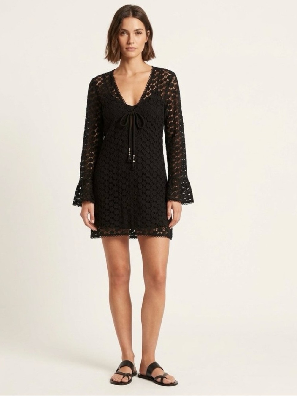 Poupette St. Barth Black Floral Crochet Tunic Dress Cover Up Resortwear